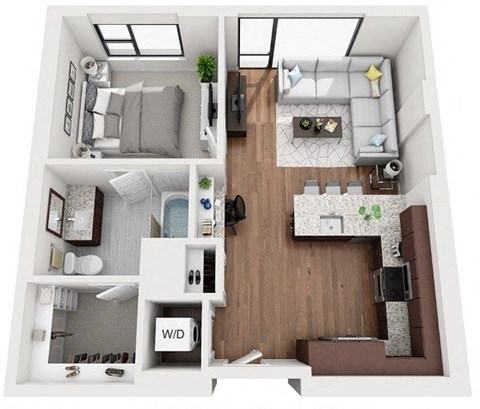 Floor plan for 1 bed, 1 bath, 729 sqft